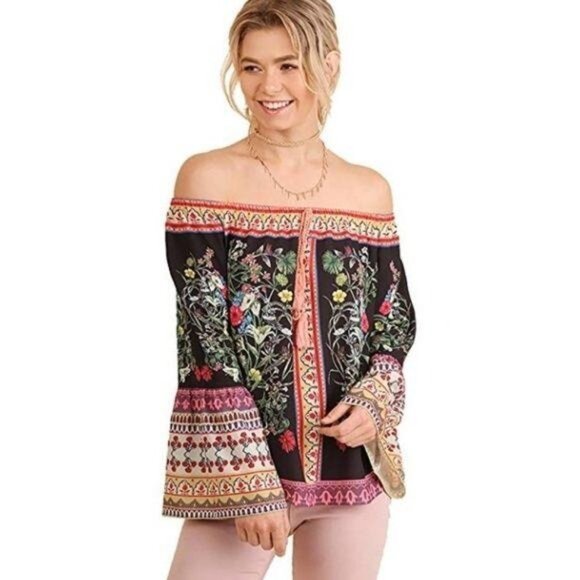 Umgee Black Printed Off The Shoulder Blouse - Picture 1 of 2